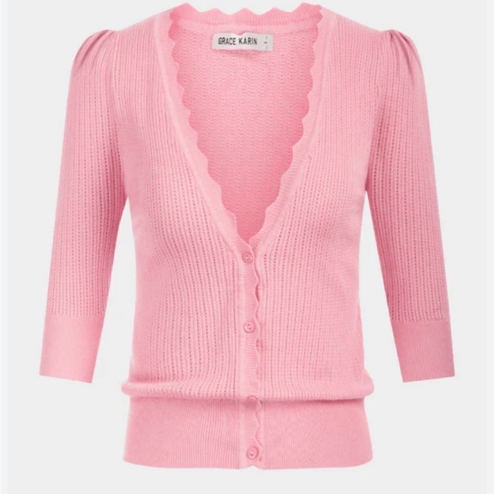 Grace Karin Baby Pink Cardigan Puff Sleeve Ruffle Cottage Core Feminine Size XL